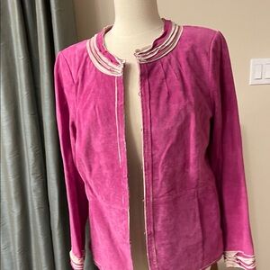 New Elegant Pink Suede Women's Blazer with Cream Details